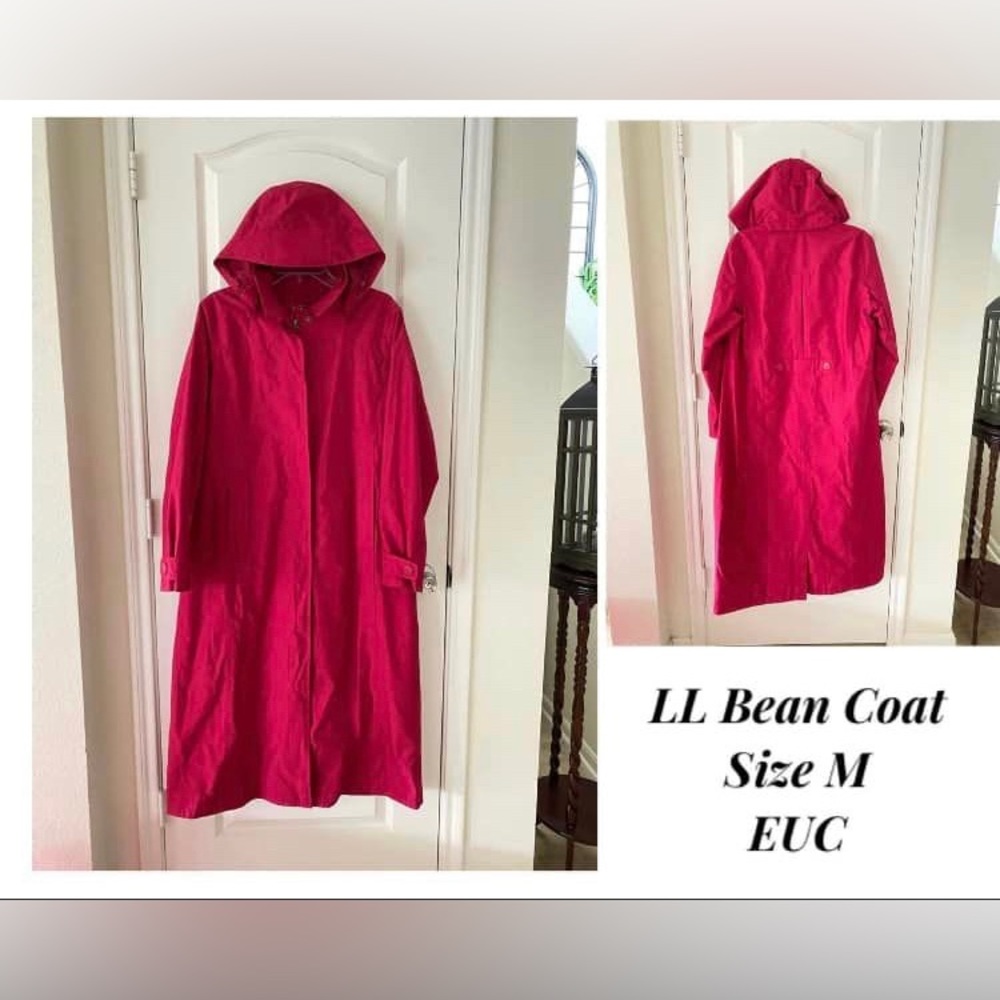 LL Bean Trench Coat Overcoat Womens Size Medium Red Full Legnth Classic EUC